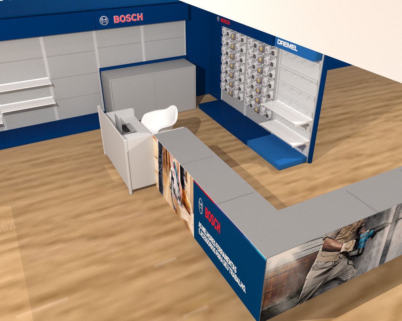 Ativos para lojas, mobiliários para lojas e projetos especiais fabricados sob medida para a nossa cliente Bosch para melhor exposição dos seus produtos nos pontos de venda.